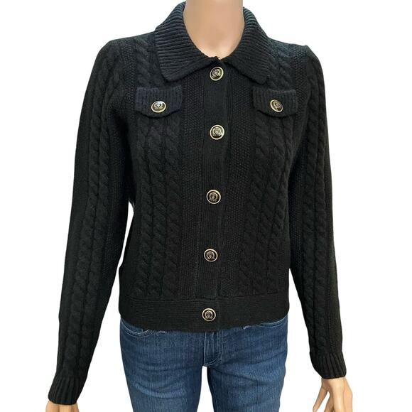 Ann Taylor Sweaters - Ann Taylor Collared Cable Knit Cardigan Sweater XS Black Classic Preppy Button